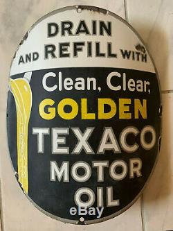 1930's RARE Vintage GOLDEN TEXACO MOTOR OIL curved sign 15 porcelain pump plate