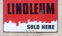 1930's Rare Vintage Linoleum Sold Here Advertising Porcelain Enamel Sign Board