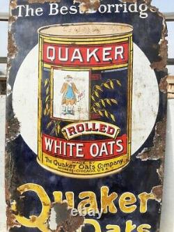 1930's Vintage Rare Quaker Rolled White Oats Ad Porcelain Enamel Sign Board USA