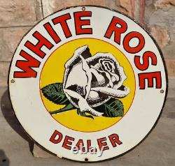 1930s Old Antique Vintage Rare White Rose Oil Dealer Porcelain Enamel Sign Board