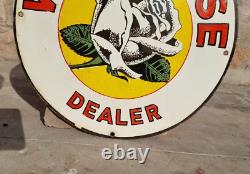 1930s Old Antique Vintage Rare White Rose Oil Dealer Porcelain Enamel Sign Board