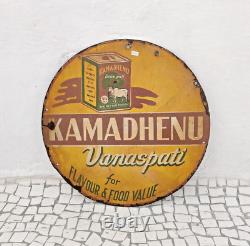 1940s Vintage Kamadhenu Vanaspati Advertising Enamel Sign Board Round Rare EB703