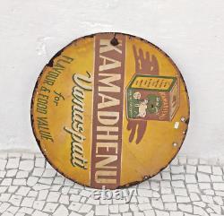 1940s Vintage Kamadhenu Vanaspati Advertising Enamel Sign Board Round Rare EB703