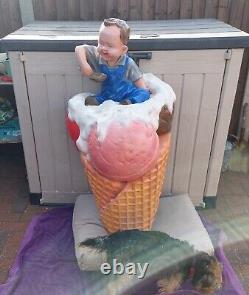 Advertising Vintage Original Fibreglass Giant Ice Cream Cone With Small Boy Rare