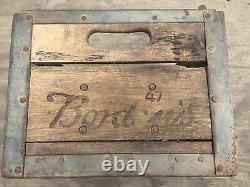 Antique/vintage Borden Milk Crate 47 Wood & Metal With 12 Quart Bottles Rare