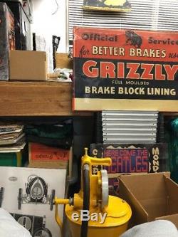 Early Grizzly Brakes Tin Not Porcelain Sign Original Block Lining Vintage Rare