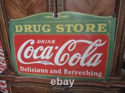 Large Rare Vintage Coca-cola Drug Store Porcelain Sign Rx Advertising 27×18