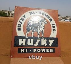 Original 1930s Old Antique Vintage Rare Husky Hi-Power Oil Porcelain Enamel Sign