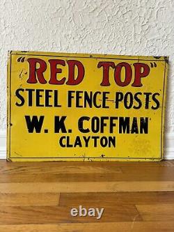 Original Red Top Steel Fence Post Sign Rare Agricultural Advertising Vintage