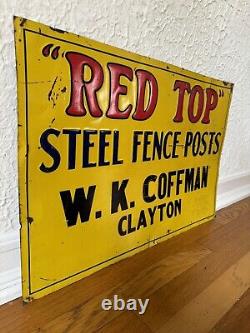 Original Red Top Steel Fence Post Sign Rare Agricultural Advertising Vintage