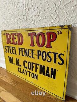 Original Red Top Steel Fence Post Sign Rare Agricultural Advertising Vintage