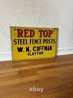 Original Red Top Steel Fence Post Sign Rare Agricultural Advertising Vintage