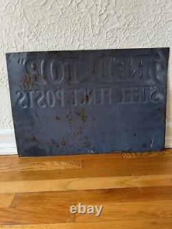 Original Red Top Steel Fence Post Sign Rare Agricultural Advertising Vintage