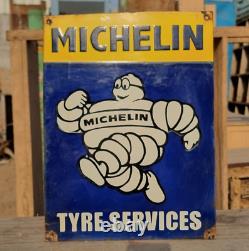 Original Vintage Rare Michelin Tyre Service Embossed Porcelain Enamel Sign Board