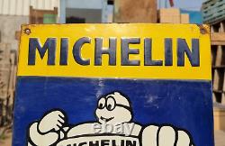 Original Vintage Rare Michelin Tyre Service Embossed Porcelain Enamel Sign Board