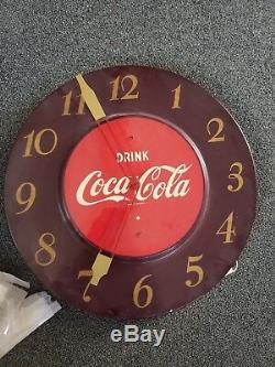 RARE 1950's Vintage Holly round enameled metal Coca Cola Coke clock brown
