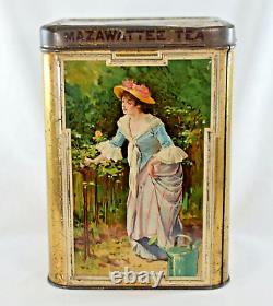 RARE ANTIQUE VINTAGE MAZAWATTEE TEA CANNISTER TIN OLD ENGLISH SONGS 21.5cm