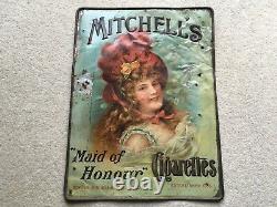 RARE C1890s VINTAGE MITCHELL'S MAID OF HONOUR CIGARETTES TIN ADV SIGN