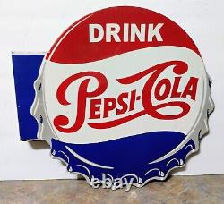 RARE VIntage PEPSI-COLA Bottlecap Double Sided Metal FLANGE SIGN