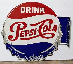 RARE VIntage PEPSI-COLA Bottlecap Double Sided Metal FLANGE SIGN