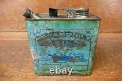 RARE Vintage 1920s Monamobile Motor Oil Graphic Metal Half Gallon Square Oil Can