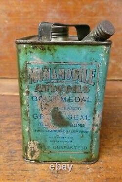 RARE Vintage 1920s Monamobile Motor Oil Graphic Metal Half Gallon Square Oil Can