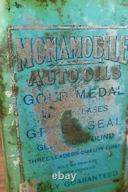 RARE Vintage 1920s Monamobile Motor Oil Graphic Metal Half Gallon Square Oil Can