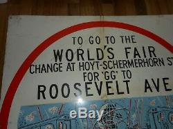 RARE Vintage 1964 NEW YORK Worlds Fair TO TRAINS Roosevelt AVE Advertising SIGN
