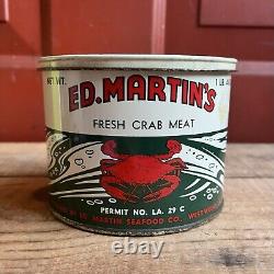 RARE Vintage Ed Martins Fresh Crab Meat 1Lb Tin Can Advertising Country Store