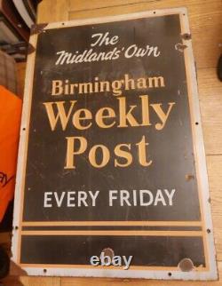RARE Vintage Large 76x51cm 5kg Enamel Birmingham Weekly Post Advertising Sign