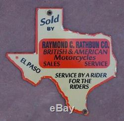 RARE Vintage Motorcycle Dealer Porcelain Sign Rathbun El Paso TEXAS State Shape