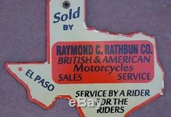 RARE Vintage Motorcycle Dealer Porcelain Sign Rathbun El Paso TEXAS State Shape