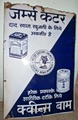 RARE Vintage Queen's Chemists Porcelain Enamel Sign Bombay India 35x20 Advertis