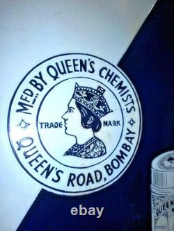 RARE Vintage Queen's Chemists Porcelain Enamel Sign Bombay India 35x20 Advertis