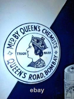 RARE Vintage Queen's Chemists Porcelain Enamel Sign Bombay India 35x20 Advertis