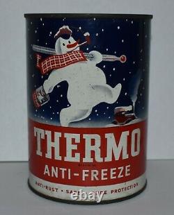 RARE Vintage THERMO SNOWMAN ANTIFREEZE ONE Quart Advertising Tin Can FULL