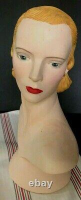 RARE Vintage WOMAN Female Mannequin HEAD Plaster BUST Antique Display Chalk Ware