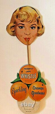 RARE Vtg. 1940's Whistle Orange Soda Advertising Sign Bottle Display Unpunched