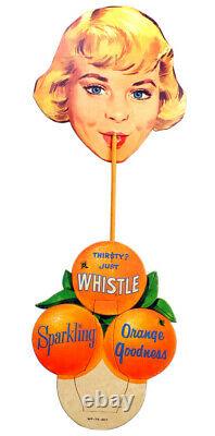 RARE Vtg. 1940's Whistle Orange Soda Advertising Sign Bottle Display Unpunched