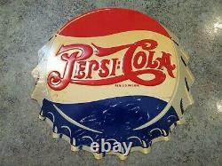 RARE Vtg Metal Tin Soda Bottle Cap Sign Sgl Side Dbl Dot PEPSI-COLA M-106 USA