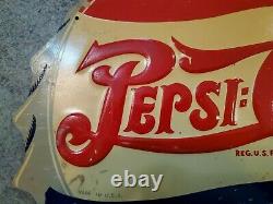 RARE Vtg Metal Tin Soda Bottle Cap Sign Sgl Side Dbl Dot PEPSI-COLA M-106 USA