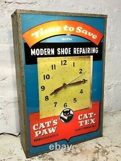 Rare Original Cat's Paw Shoe Repairing Advertising Electric Wall Clock Sign Vtg