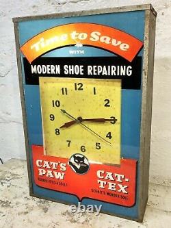 Rare Original Cat's Paw Shoe Repairing Advertising Electric Wall Clock Sign Vtg