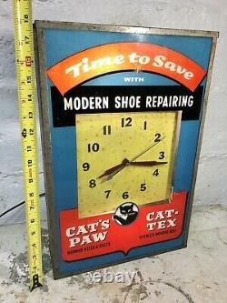 Rare Original Cat's Paw Shoe Repairing Advertising Electric Wall Clock Sign Vtg