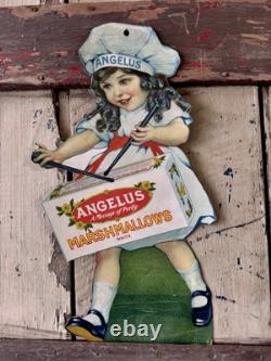 Rare VINTAGE ANGELUS MARSHMALLOWS ADVERTISING SIGN Girl Drummer