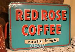 Rare! Vintage 1956 Red Rose Coffee Sign 27.5 x 19 Embossed Metal Great Color