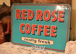 Rare! Vintage 1956 Red Rose Coffee Sign 27.5 x 19 Embossed Metal Great Color