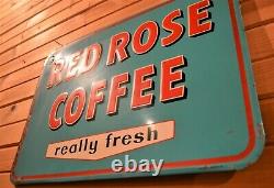 Rare! Vintage 1956 Red Rose Coffee Sign 27.5 x 19 Embossed Metal Great Color