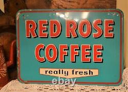 Rare! Vintage 1956 Red Rose Coffee Sign 27.5 x 19 Embossed Metal Great Color