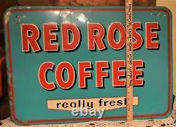 Rare! Vintage 1956 Red Rose Coffee Sign 27.5 x 19 Embossed Metal Great Color